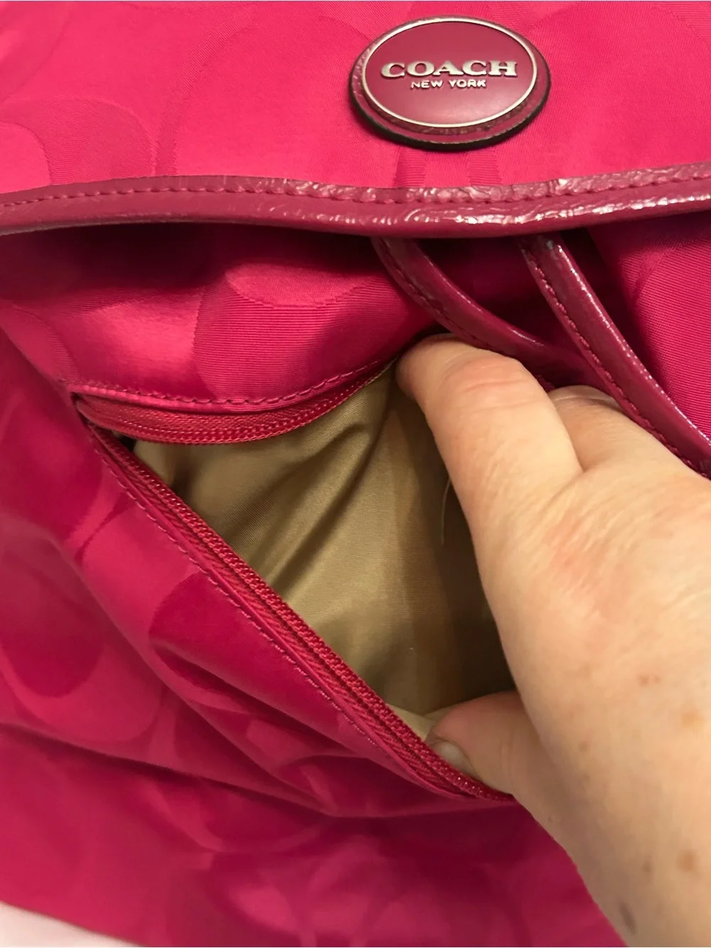 Coach Hot Pink‎ Signature Nylon Double C Drawstring Backpack